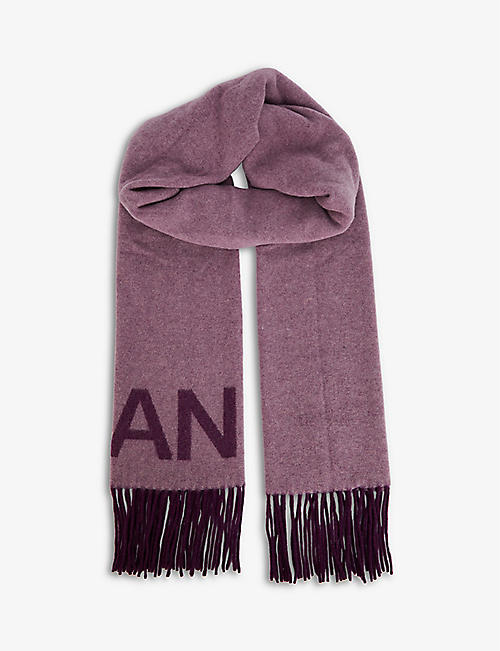 GANNI: Branded fringed recycled-wool-blend scarf