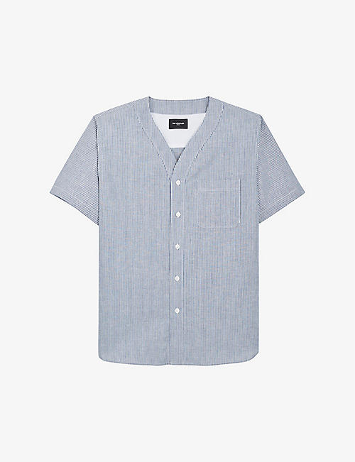 THE KOOPLES: Striped baseball collar cotton and linen shirt