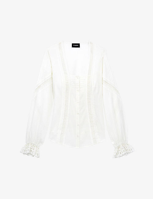THE KOOPLES: Square-neck lace-detail cotton blouse