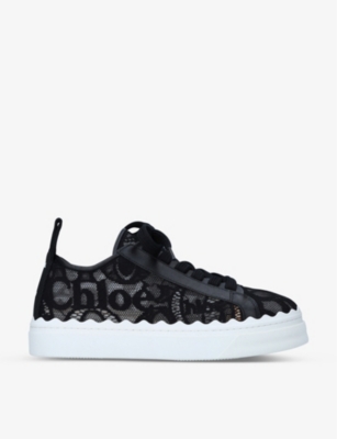 Shop Chloé Chloe Womens Black Lauren Lace-detail Leather Trainers