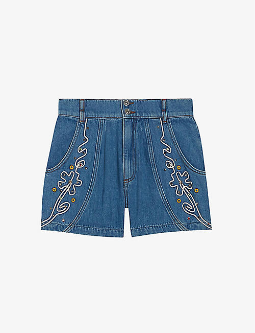 CLAUDIE PIERLOT: Swirl-embroidered relaxed-fit denim shorts