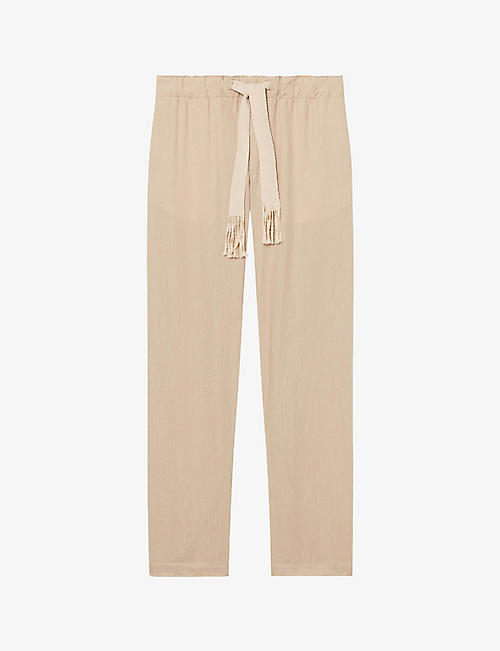 SANDRO: Braided-drawstring elasticated-waist relaxed-fit wide linen trousers