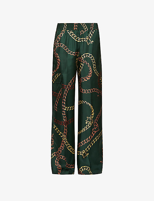 VICTORIA BECKHAM: Chain-print wide-leg high-rise silk trousers