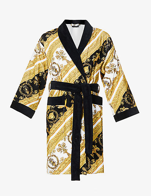 VERSACE: Baroque-print belted cotton-towelling robe