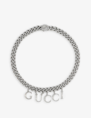 GUCCI: Logo-embellished silver-toned brass necklace