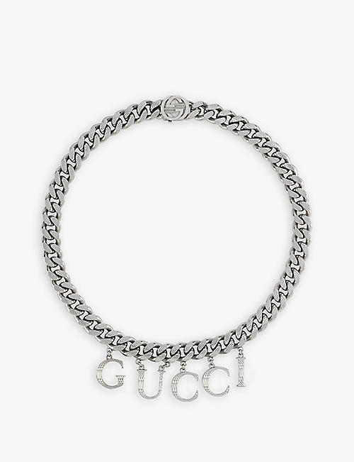 GUCCI: Logo-embellished silver-toned brass necklace