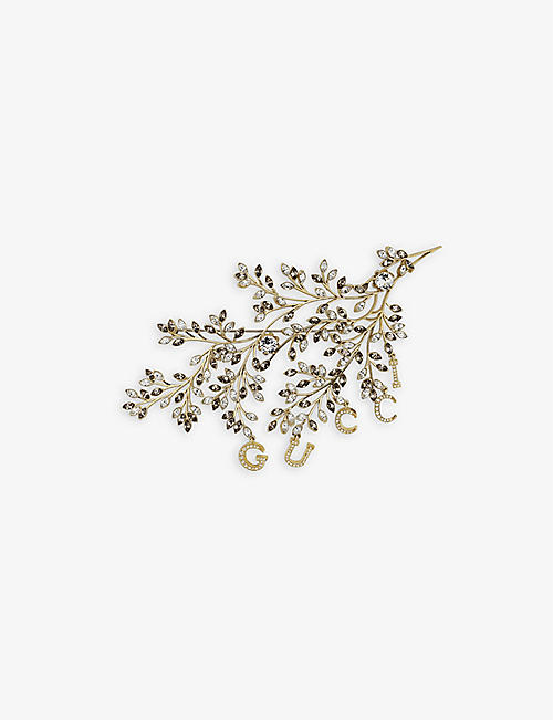 GUCCI: Gucciscript 18ct yellow gold-plated brass and crystal brooch