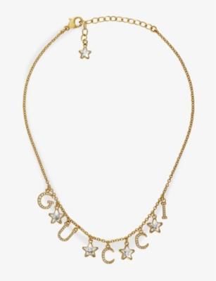 GUCCI: Gucciscript gold-tone brass, crystal and glass necklace