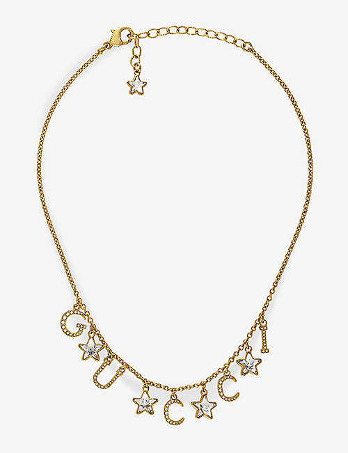 GUCCI: Gucciscript gold-tone brass, crystal and glass necklace