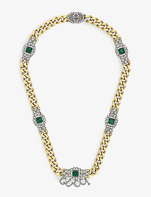 GUCCI: Interlocking yellow gold-plated brass and crystal necklace