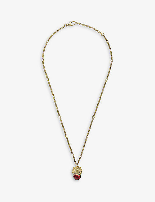 GUCCI: Lion Head brass and Swarovski crystal pendant necklace