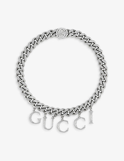 GUCCI: Letter-charm palladium-plated necklace