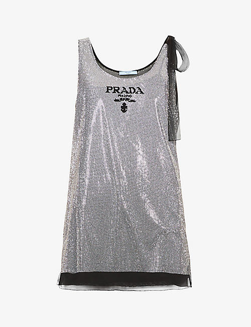 PRADA: Logo-branded glass, metal and silk mini dress