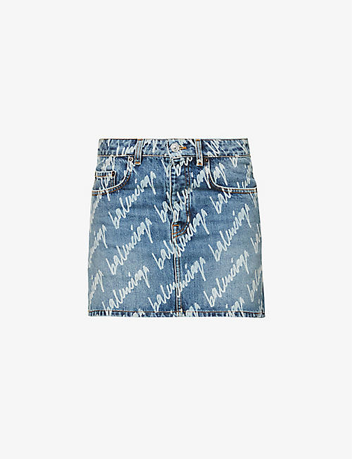 BALENCIAGA: Brand-print low-rise denim mini skirt