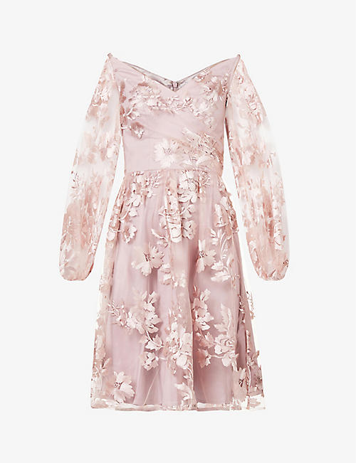 CHI CHI LONDON: Floral embroidered tulle mini dress