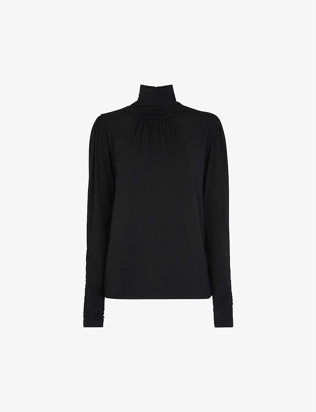 Whistles High-neck Ruched Stretch-woven Blouse In Black