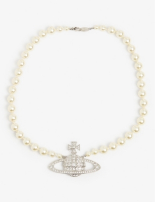 VIVIENNE WESTWOOD: Bas Relief orb-pendant brass, Swarovski crystals and pearl necklace