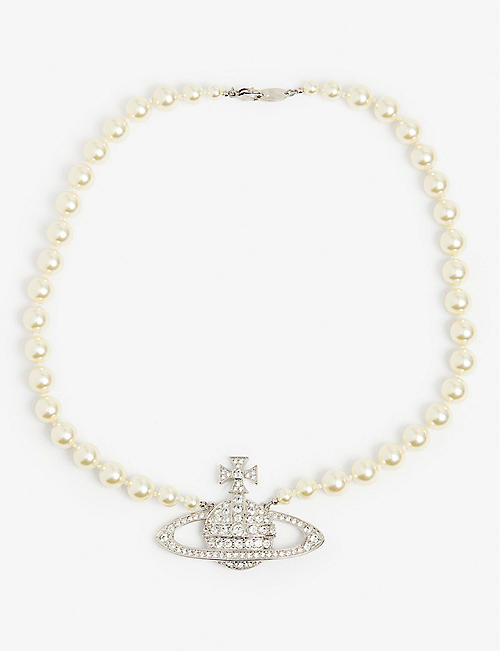 VIVIENNE WESTWOOD: Bas Relief orb-pendant brass, Swarovski crystals and pearl necklace