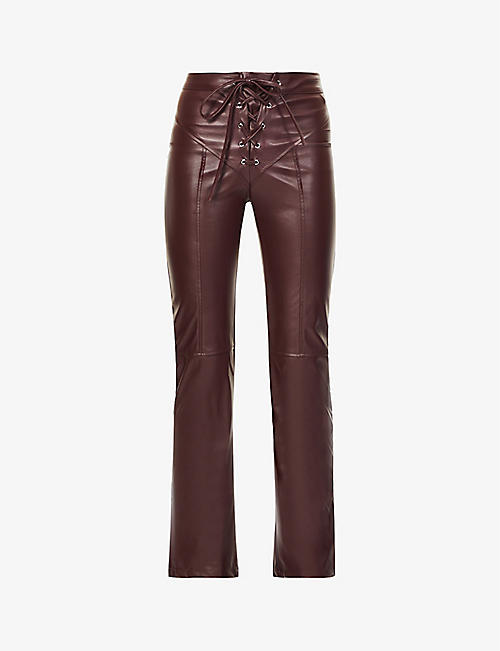 EB DENIM: Lace-up straight-leg high-rise faux-leather trousers