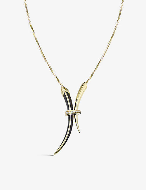 SHAUN LEANE: Sabre yellow gold-plated vermeil silver, ceramic and 0.11ct round-cut diamond necklace