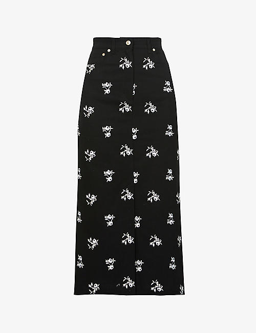 ERDEM: Catherine floral-embroidered stretch-denim midi skirt