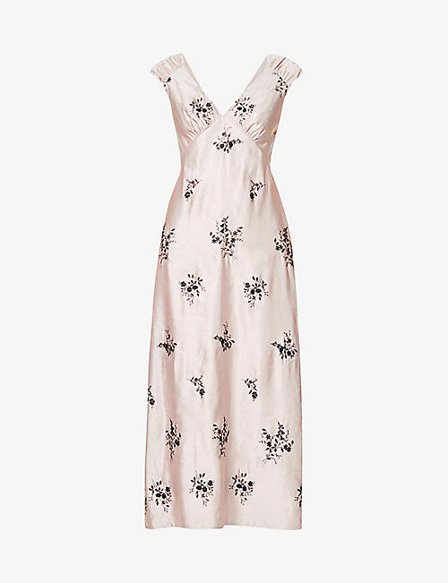 ERDEM: Garnet floral-embroidered linen-blend maxi dress