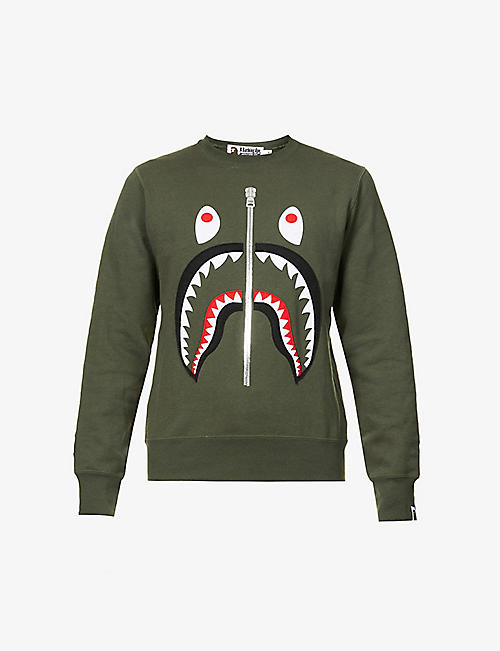A BATHING APE: Shark graphic-print cotton-jersey sweatshirt