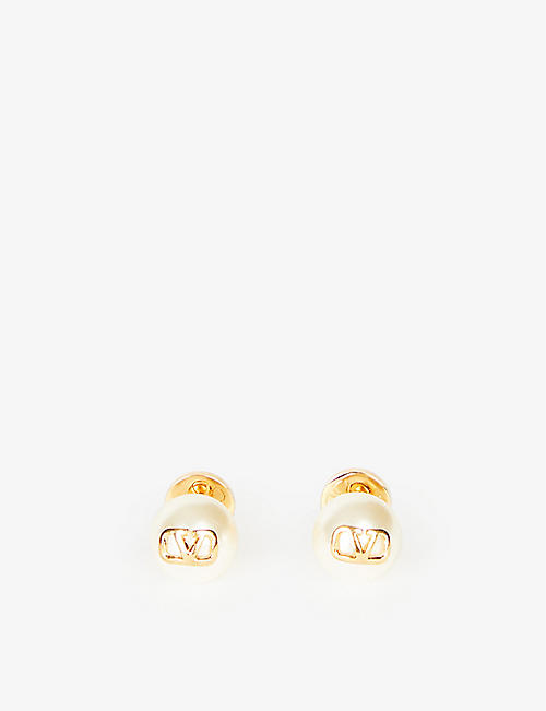 VALENTINO GARAVANI: VLOGO gold-toned brass and pearl stud earrings