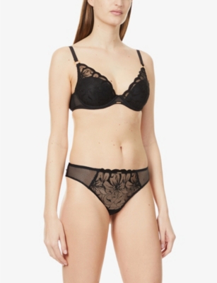 Chantelle Fleurs Tanga Mid-rise Stretch-mesh Briefs In 011 Black