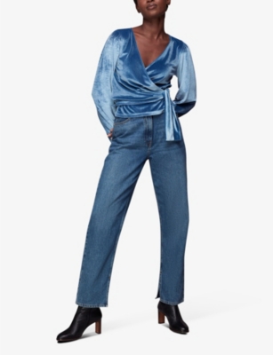 Velvet top with denim and knee high boots