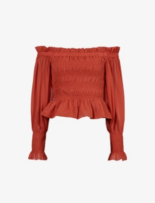 Allsaints Lara Shirred Off-the-shoulder Peplum Top In Red Clay