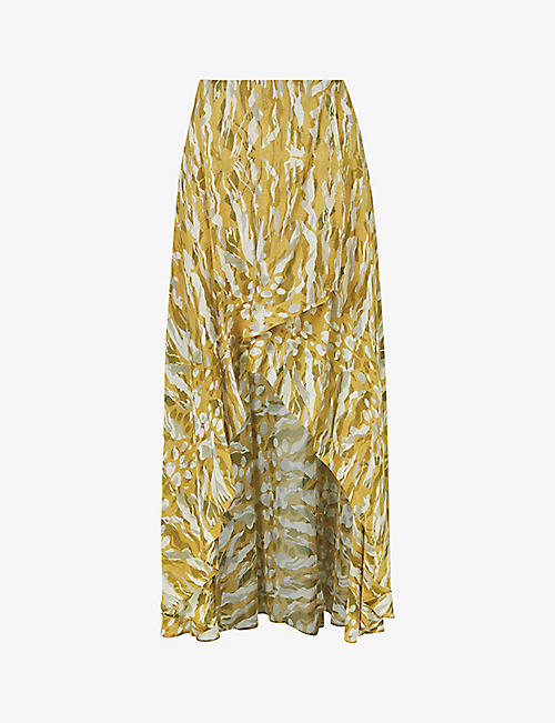 ALLSAINTS: Slvina Oniyuri camo-print asymmetric-hem woven maxi skirt