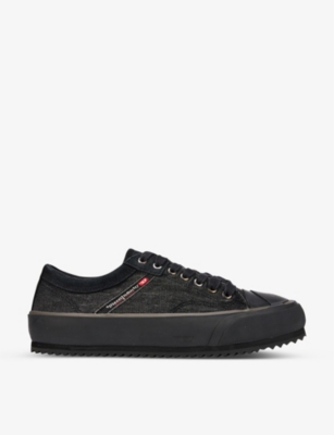 Diesel S-principia Flatform Cotton And Leather Low-top Trainers In Black/pewter