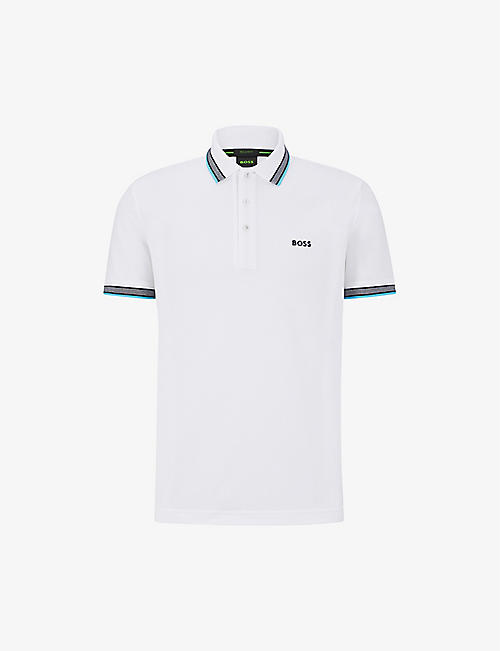 BOSS: Logo-embroidered striped-collar organic-cotton polo shirt
