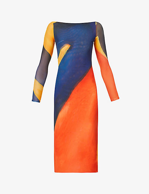 FARAI LONDON: Alamea abstract-print stretch-mesh midi dress