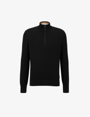 Shop Hugo Boss Boss Men's Black Quarter-zip Regular-fit Cotton-knit Jumper