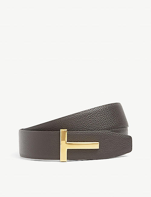 TOM FORD: Reversible T logo grained-leather belt