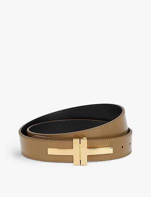 TOM FORD: Double T-buckle logo-embossed leather belt
