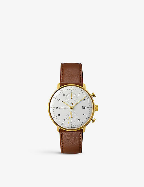 JUNGHANS: 027/7800.04 Max Bill Chronoscope 10ct yellow gold-plated stainless-steel and leather automatic watch