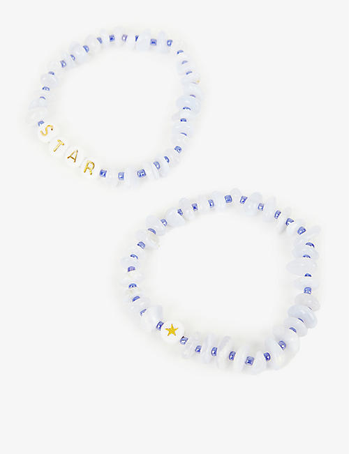 TBALANCE CRYSTALS: Star beaded set of two blue lace agate bracelets