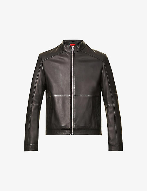 HUGO: Band-collar regular-fit leather jacket