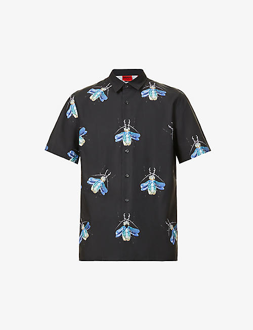 HUGO: Graphic-print relaxed-fit cotton-poplin shirt