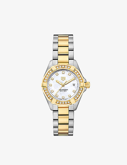 TAG HEUER: WBD1423.BB0321 Aquaracer 18ct yellow gold-plated stainless-steel and 0.44ct round-cut diamond quartz watch