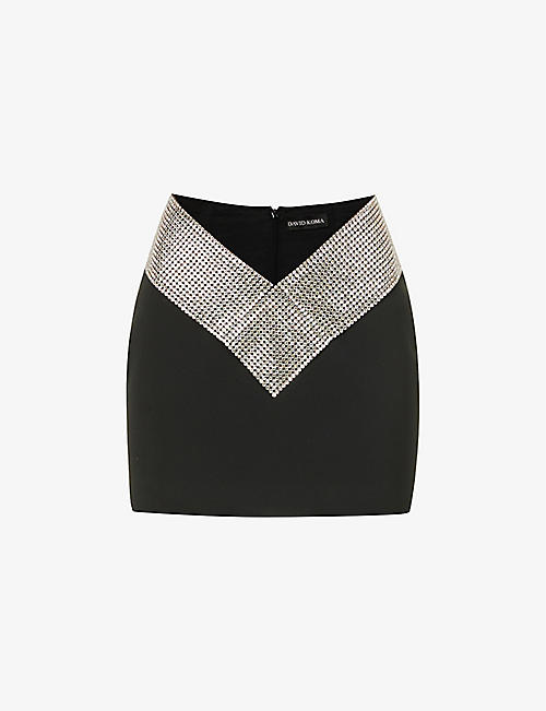 DAVID KOMA: Crystal-embellished stretch-crepe mini skirt