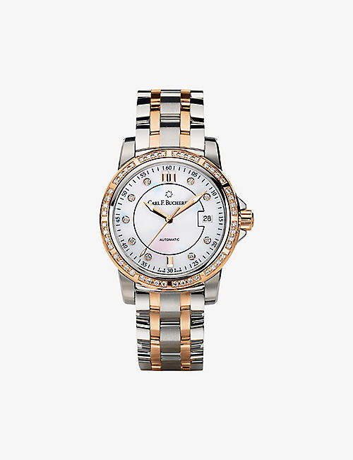 CARL F BUCHERER: Patravi Autodate 18ct rose-gold, stainless steel and 0.75ct diamond automatic watch