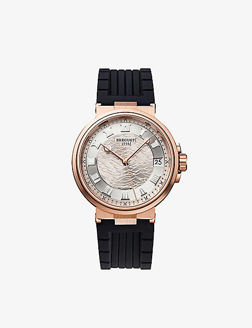 BREGUET: G5517BR129ZU Marine Date 18ct rose-gold and leather watch
