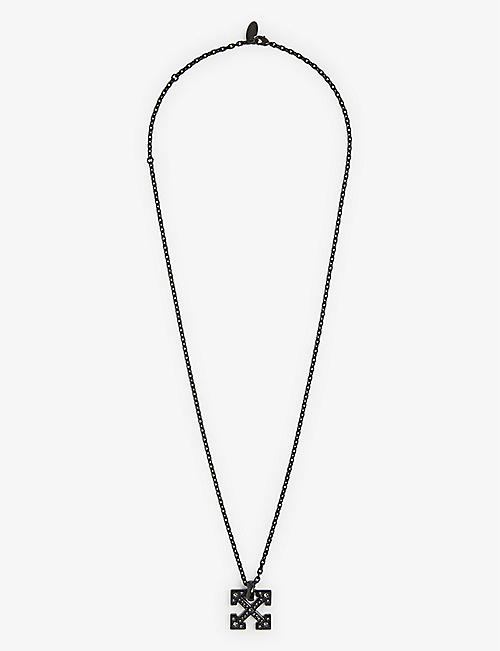 OFF-WHITE C/O VIRGIL ABLOH: Arrow-embellished brass and crystal pendant necklace