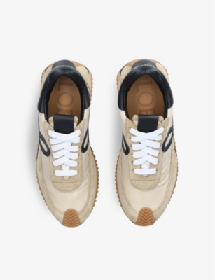 Shop Loewe Flow Runner Monogram Leather And Shell Trainers In Tan