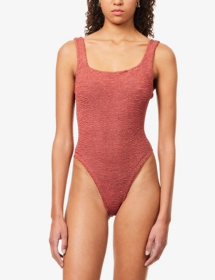 Hunza G Womens Rosewood Square-neck Seersucker Swimsuit In Burgundy