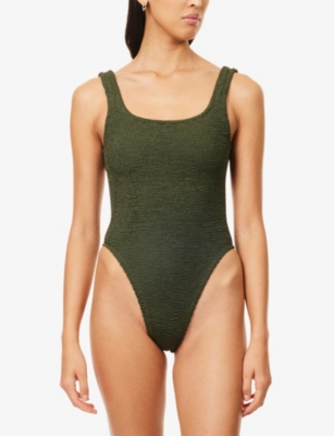 Hunza G Womens Square-neck Seersucker Swimsuit Metallic Khak In Green
